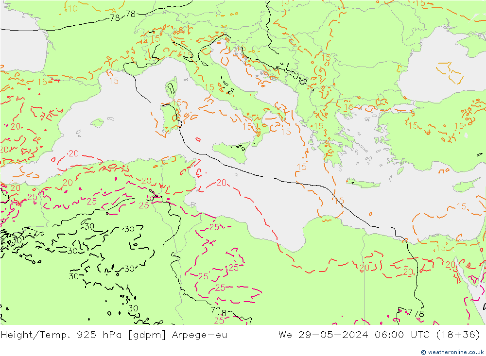 Geop./Temp. 925 hPa Arpege-eu mié 29.05.2024 06 UTC