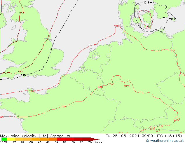 Max. wind snelheid Arpege-eu di 28.05.2024 09 UTC