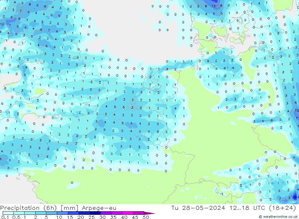 Precipitation (6h) Arpege-eu Tu 28.05.2024 18 UTC