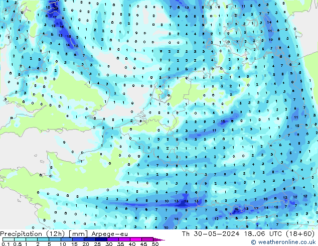 Precipitation (12h) Arpege-eu Th 30.05.2024 06 UTC