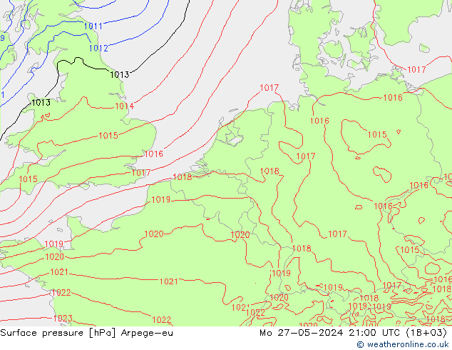 Surface pressure Arpege-eu Mo 27.05.2024 21 UTC