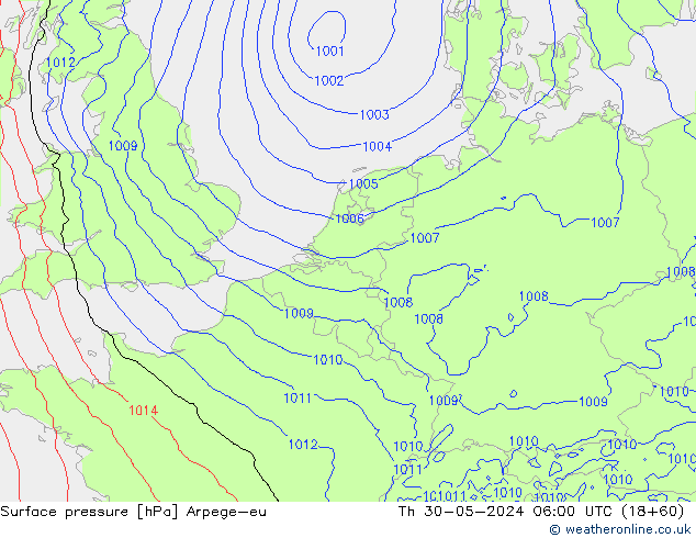 Atmosférický tlak Arpege-eu Čt 30.05.2024 06 UTC