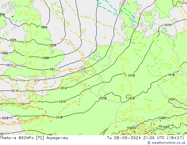 Theta-e 850hPa Arpege-eu Tu 28.05.2024 21 UTC