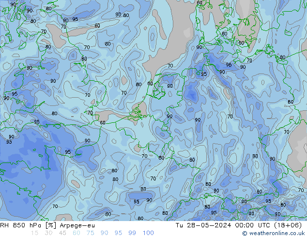 RH 850 hPa Arpege-eu Tu 28.05.2024 00 UTC