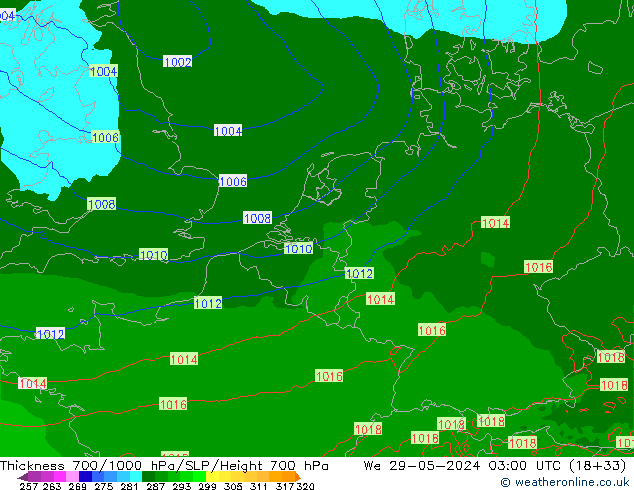 Schichtdicke 700-1000 hPa Arpege-eu Mi 29.05.2024 03 UTC