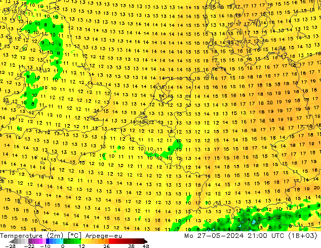 mapa temperatury (2m) Arpege-eu pon. 27.05.2024 21 UTC