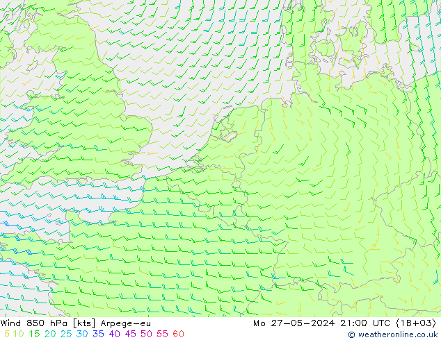 Wind 850 hPa Arpege-eu ma 27.05.2024 21 UTC