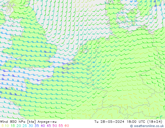 wiatr 850 hPa Arpege-eu wto. 28.05.2024 18 UTC