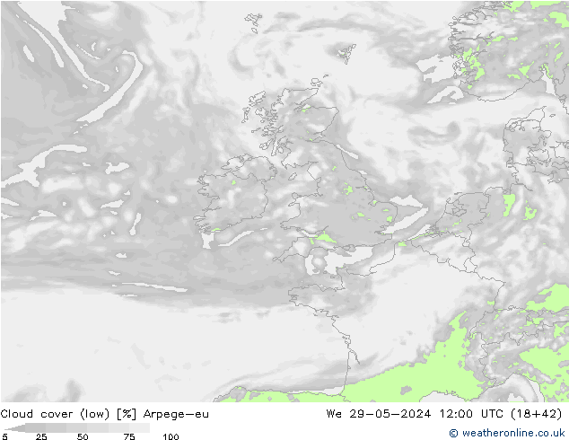 Cloud cover (low) Arpege-eu We 29.05.2024 12 UTC