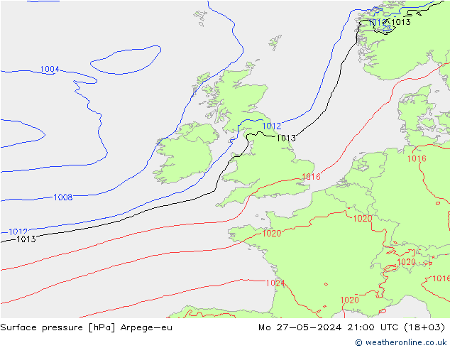 Surface pressure Arpege-eu Mo 27.05.2024 21 UTC