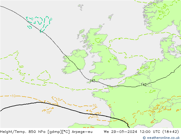 Géop./Temp. 850 hPa Arpege-eu mer 29.05.2024 12 UTC