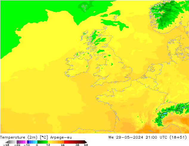 Temperatura (2m) Arpege-eu mer 29.05.2024 21 UTC