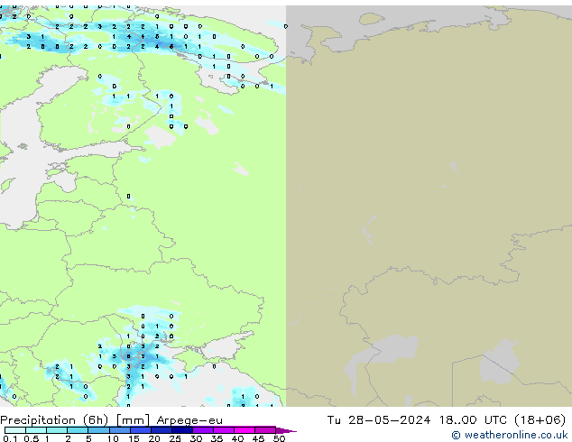 Yağış (6h) Arpege-eu Sa 28.05.2024 00 UTC