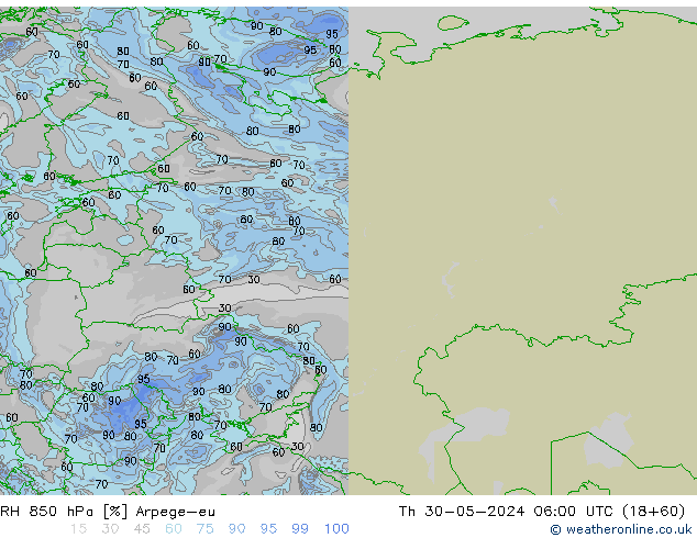 Humedad rel. 850hPa Arpege-eu jue 30.05.2024 06 UTC