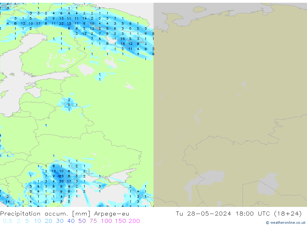 Precipitation accum. Arpege-eu Tu 28.05.2024 18 UTC