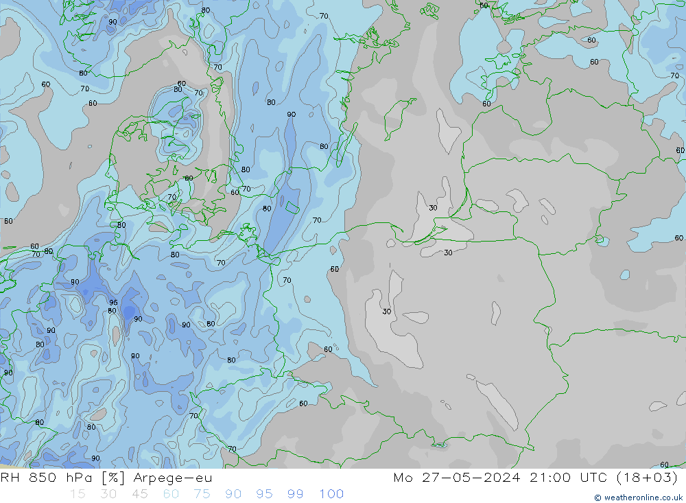 RH 850 hPa Arpege-eu Mo 27.05.2024 21 UTC