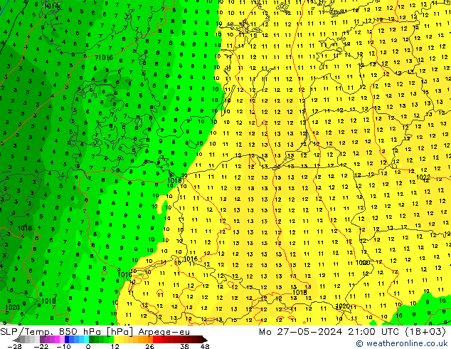 SLP/Temp. 850 hPa Arpege-eu Mo 27.05.2024 21 UTC