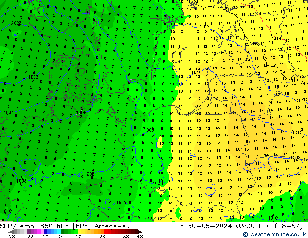 SLP/Temp. 850 hPa Arpege-eu  30.05.2024 03 UTC