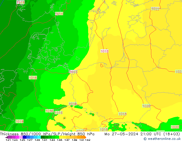 Dikte 850-1000 hPa Arpege-eu ma 27.05.2024 21 UTC