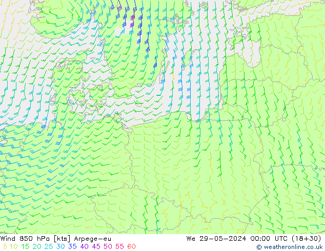 Wind 850 hPa Arpege-eu St 29.05.2024 00 UTC