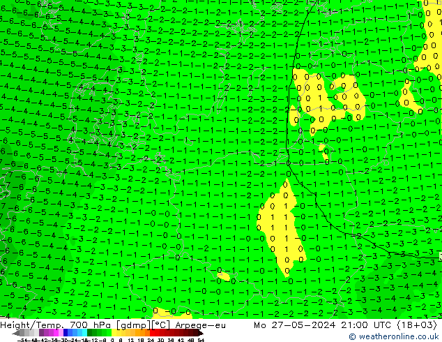 Hoogte/Temp. 700 hPa Arpege-eu ma 27.05.2024 21 UTC