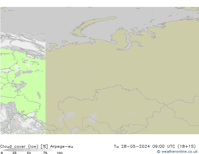 Cloud cover (low) Arpege-eu Tu 28.05.2024 09 UTC