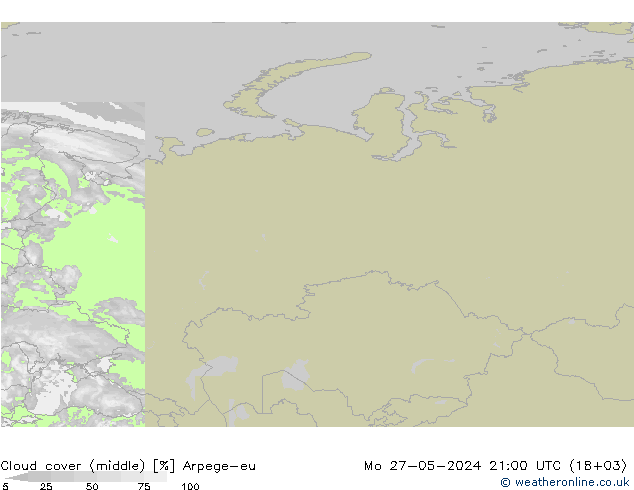 Cloud cover (middle) Arpege-eu Mo 27.05.2024 21 UTC