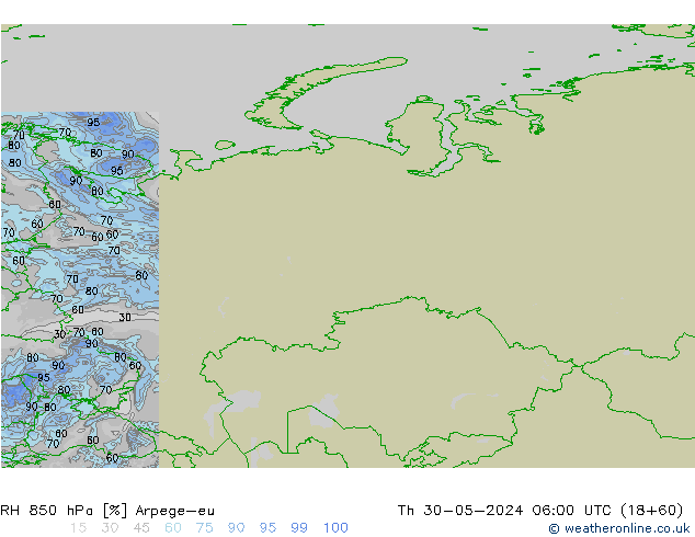 RH 850 hPa Arpege-eu Čt 30.05.2024 06 UTC