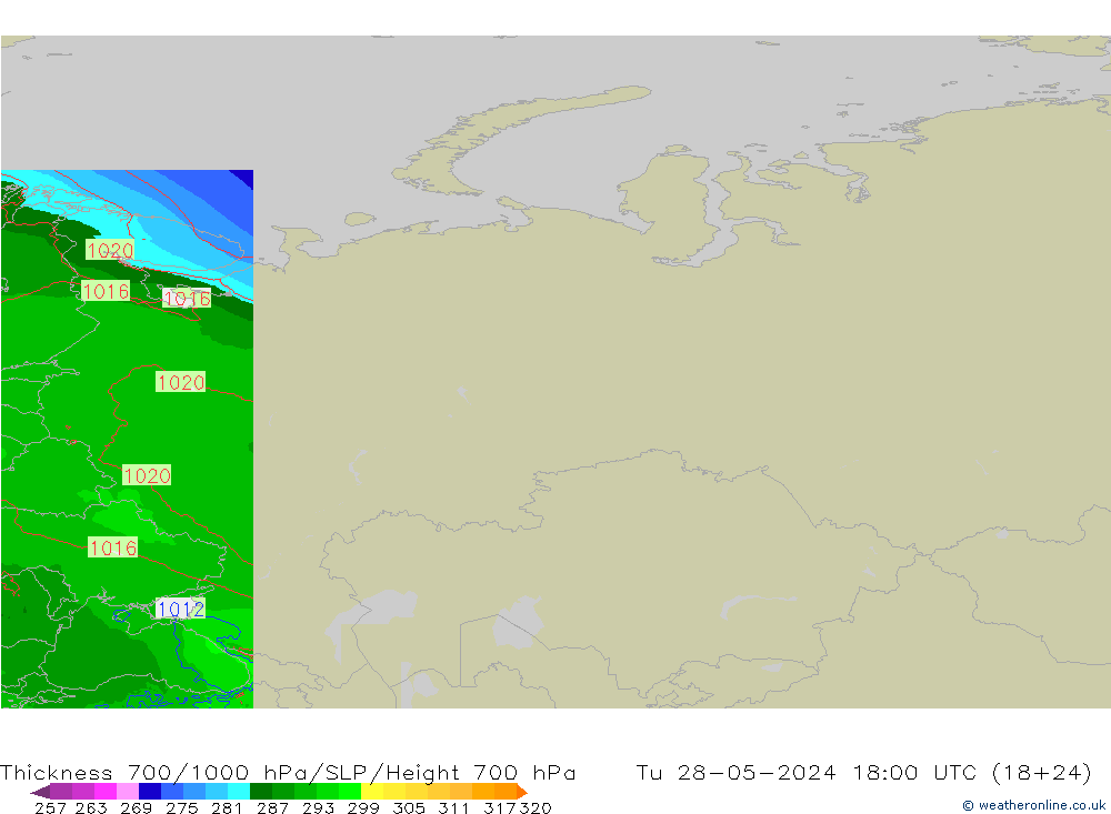 Thck 700-1000 гПа Arpege-eu вт 28.05.2024 18 UTC