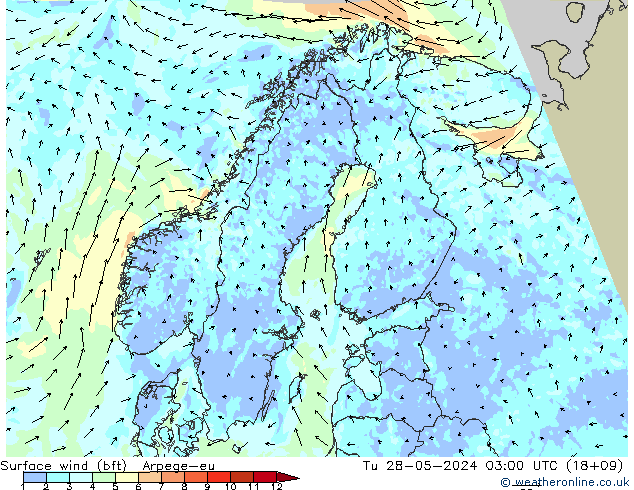 Surface wind (bft) Arpege-eu Tu 28.05.2024 03 UTC
