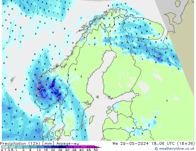 Precipitation (12h) Arpege-eu We 29.05.2024 06 UTC
