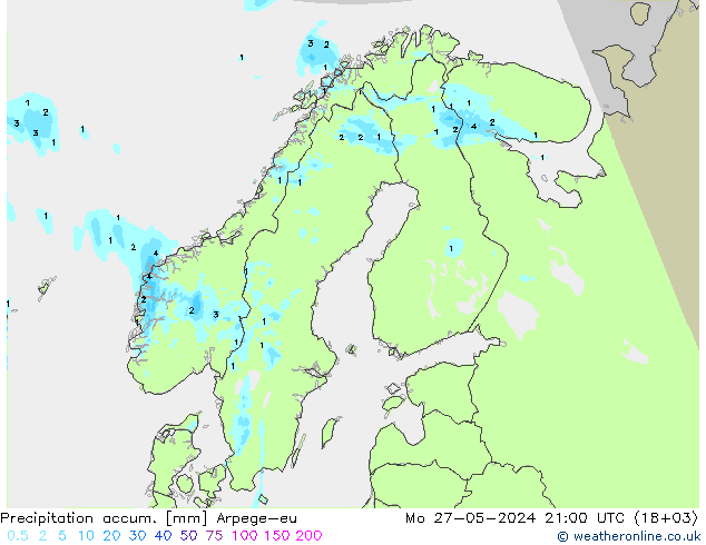Precipitation accum. Arpege-eu Mo 27.05.2024 21 UTC