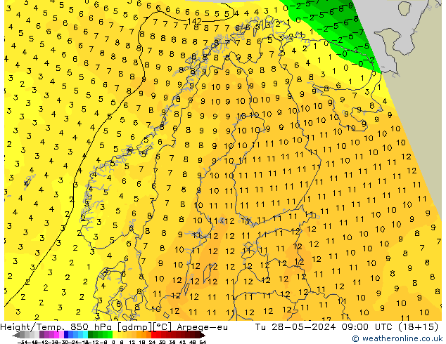 Hoogte/Temp. 850 hPa Arpege-eu di 28.05.2024 09 UTC