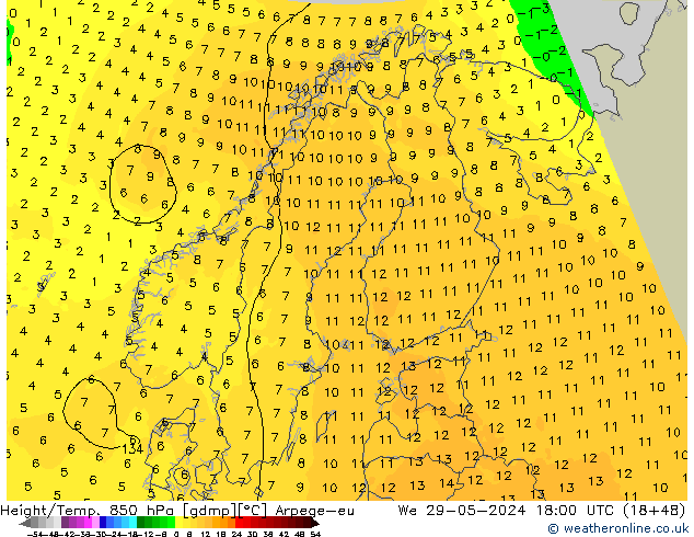 Hoogte/Temp. 850 hPa Arpege-eu wo 29.05.2024 18 UTC