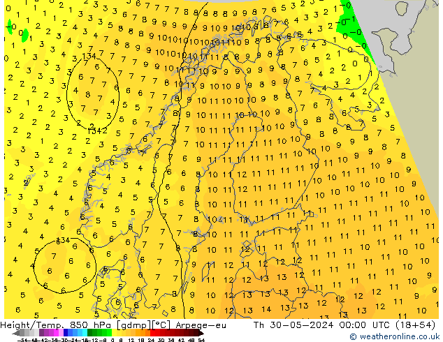 Height/Temp. 850 hPa Arpege-eu Čt 30.05.2024 00 UTC