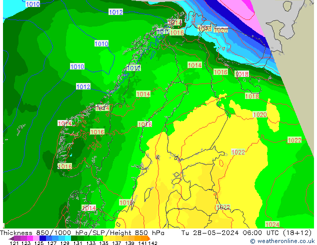 Espesor 850-1000 hPa Arpege-eu mar 28.05.2024 06 UTC