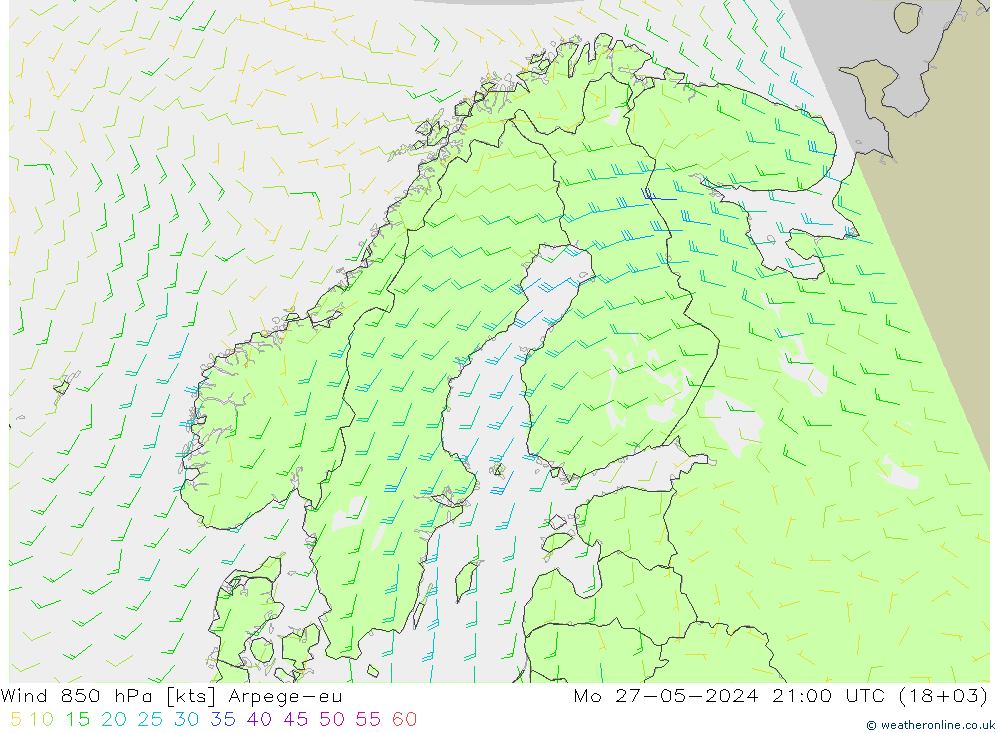 Viento 850 hPa Arpege-eu lun 27.05.2024 21 UTC