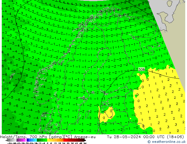 Height/Temp. 700 hPa Arpege-eu  28.05.2024 00 UTC