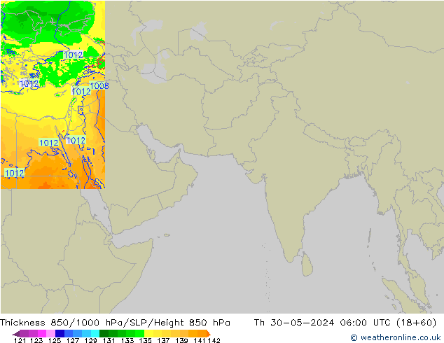 Espesor 850-1000 hPa Arpege-eu jue 30.05.2024 06 UTC