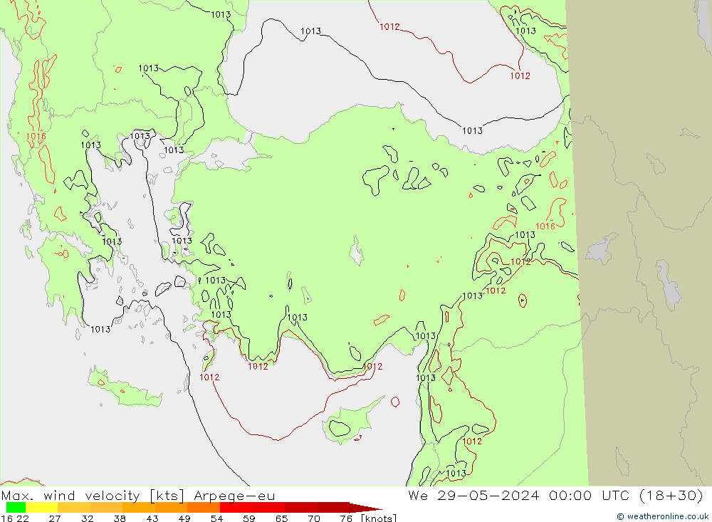 Max. wind velocity Arpege-eu Qua 29.05.2024 00 UTC