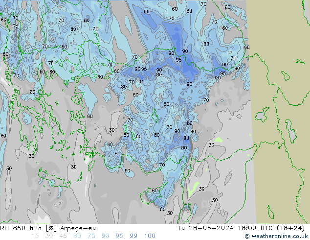 RH 850 hPa Arpege-eu Tu 28.05.2024 18 UTC