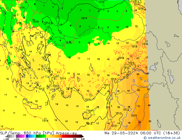 SLP/Temp. 850 hPa Arpege-eu wo 29.05.2024 06 UTC