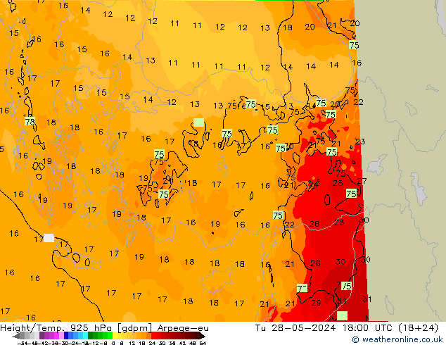 Height/Temp. 925 hPa Arpege-eu Tu 28.05.2024 18 UTC