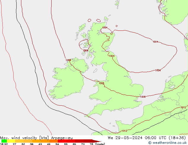 Max. wind velocity Arpege-eu We 29.05.2024 06 UTC