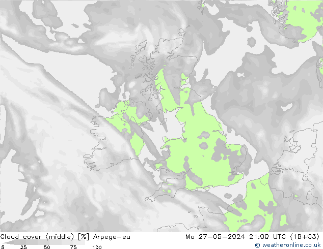 Cloud cover (middle) Arpege-eu Mo 27.05.2024 21 UTC