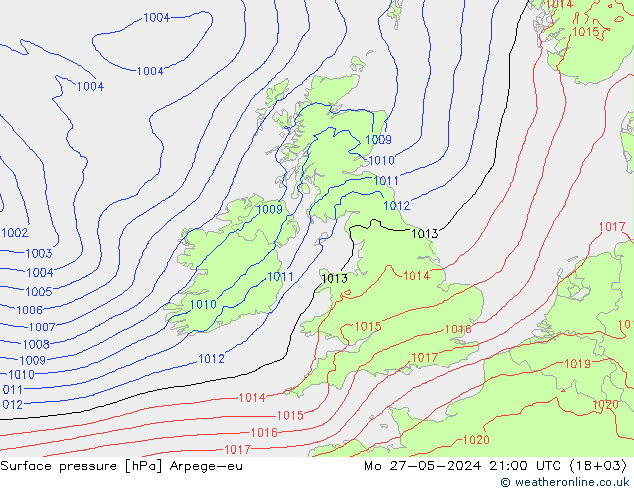 Surface pressure Arpege-eu Mo 27.05.2024 21 UTC