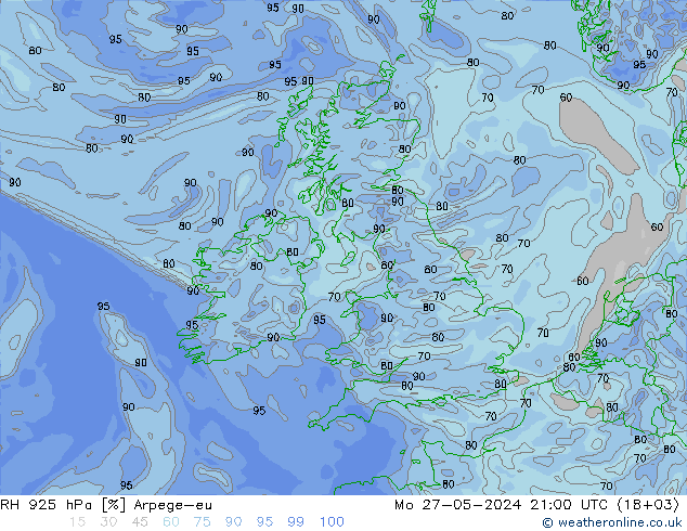 Humidité rel. 925 hPa Arpege-eu lun 27.05.2024 21 UTC