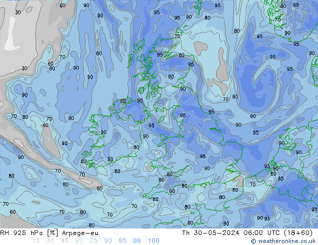 Humidité rel. 925 hPa Arpege-eu jeu 30.05.2024 06 UTC