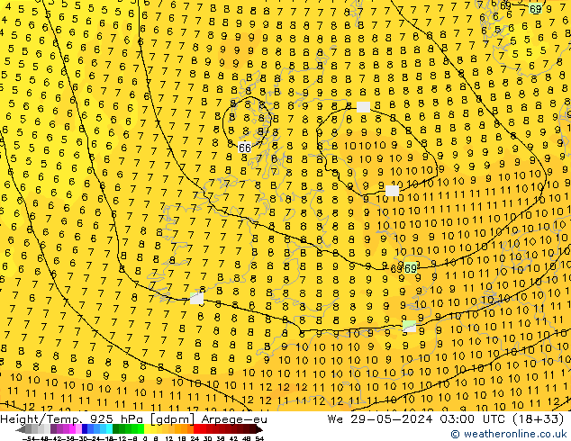 Height/Temp. 925 hPa Arpege-eu  29.05.2024 03 UTC