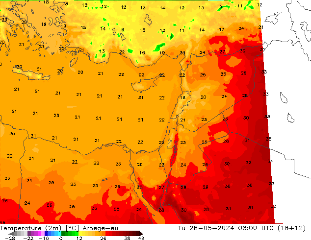 Temperature (2m) Arpege-eu Út 28.05.2024 06 UTC